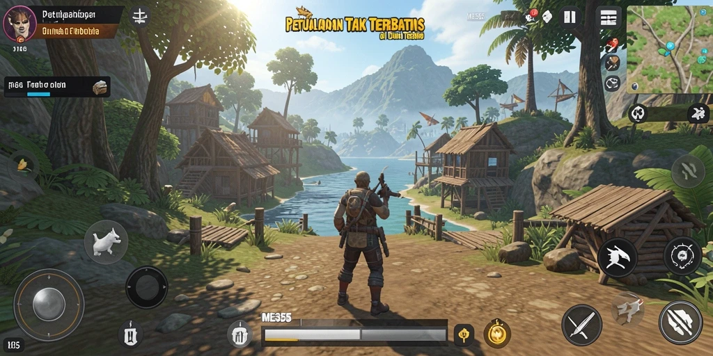 Screenshot gameplay ME355 menampilkan petualangan di dunia terbuka yang luas.